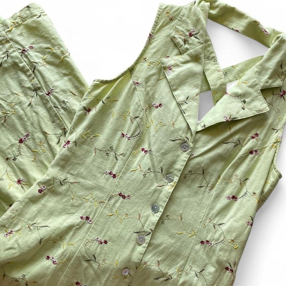 Vintage 90’s Floral Green Linen Blend Button-Up Maxi Dress